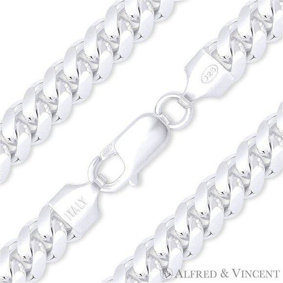 8mm Miami Cuban / Curb Link Italian Chain Necklace in .925 Sterling Silver 30" - Picture 1 of 2